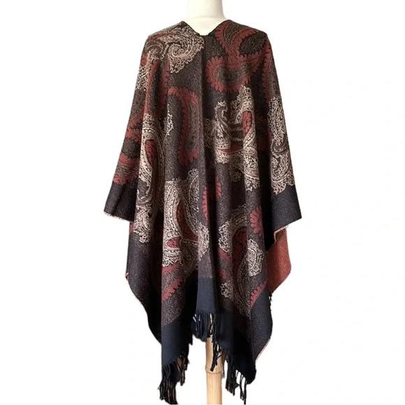 ESPRIT Knit Blanket Wrap Cape Paisley Fringe Bohemian, OS - Picture 6 of 16